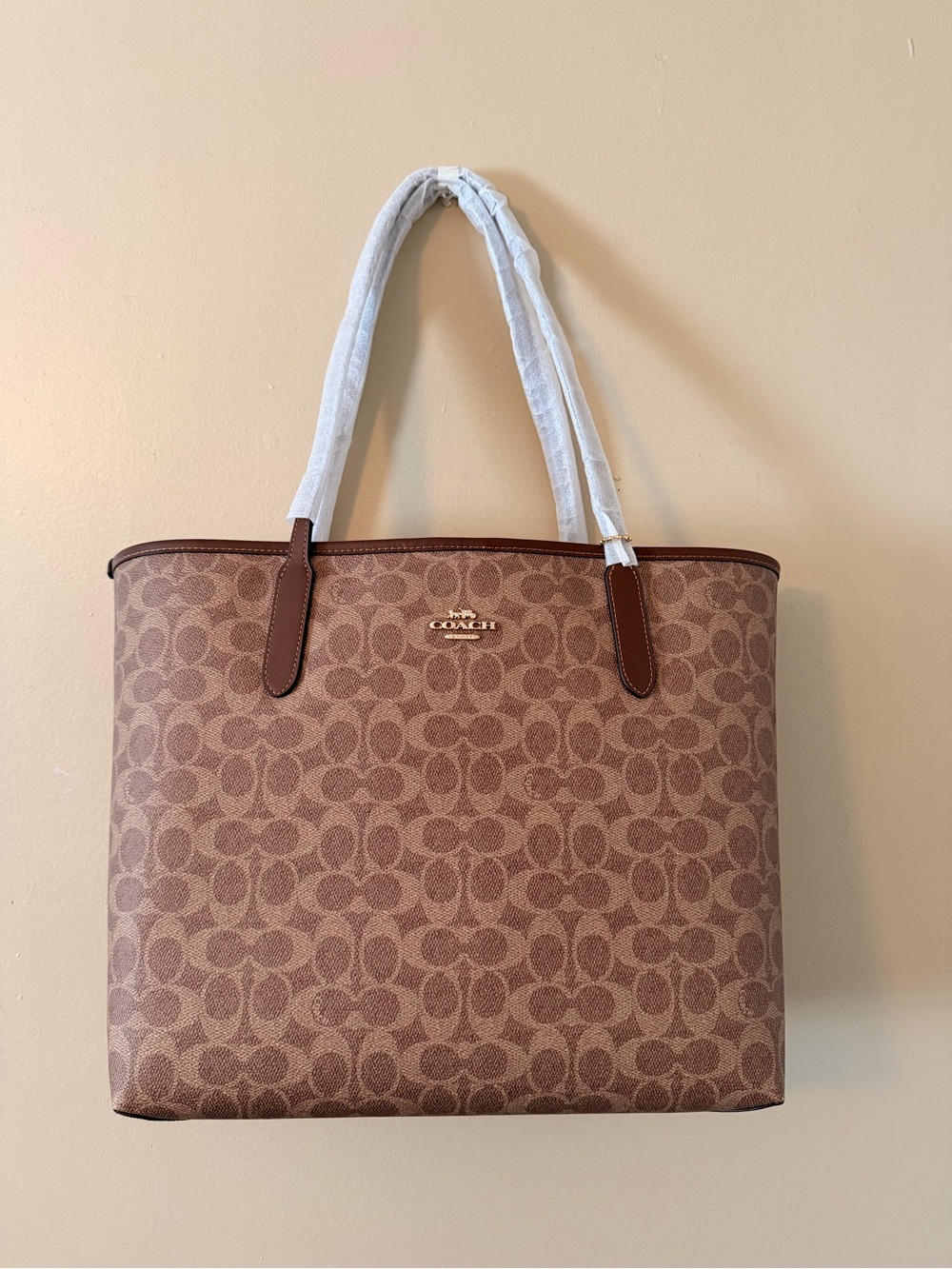 Coach Brown Signature Canvas Tote with Leather Trim - Picture 1 of 6